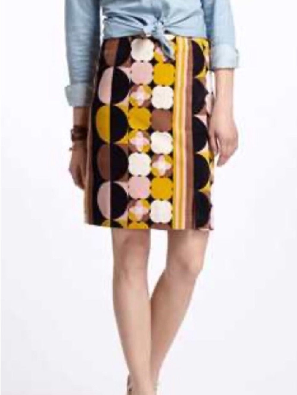 Anthropologie Maeve Velvet  Dots Velvet Skirt 2 Mustard Yellow White Mod Pencil